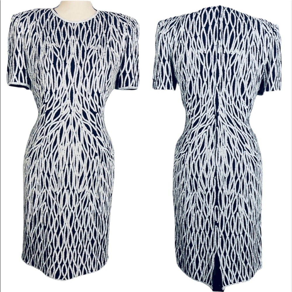 Vintage Nipon Night White Fully Sequined & Beaded 100% Silk Sheath Dress Size 4